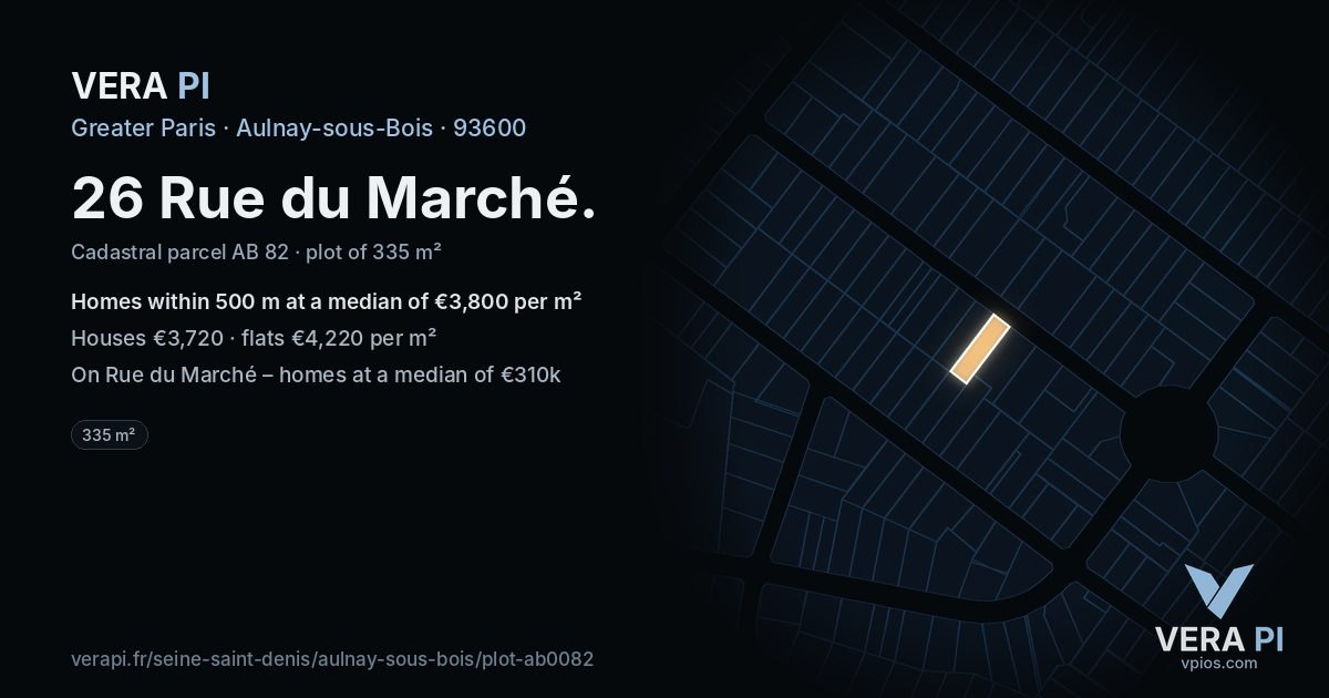 26 Rue du Marché, Aulnay-sous-Bois at night – the plot lit, the parcels around coloured by the prices near them