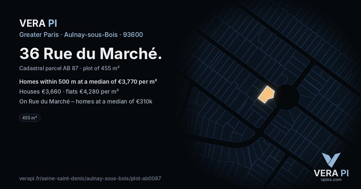 36 Rue du Marché, Aulnay-sous-Bois at night – the plot lit, the parcels around coloured by the prices near them