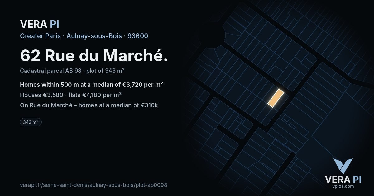 62 Rue du Marché, Aulnay-sous-Bois at night – the plot lit, the parcels around coloured by the prices near them
