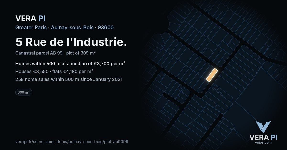 5 Rue de l'Industrie, Aulnay-sous-Bois at night – the plot lit, the parcels around coloured by the prices near them