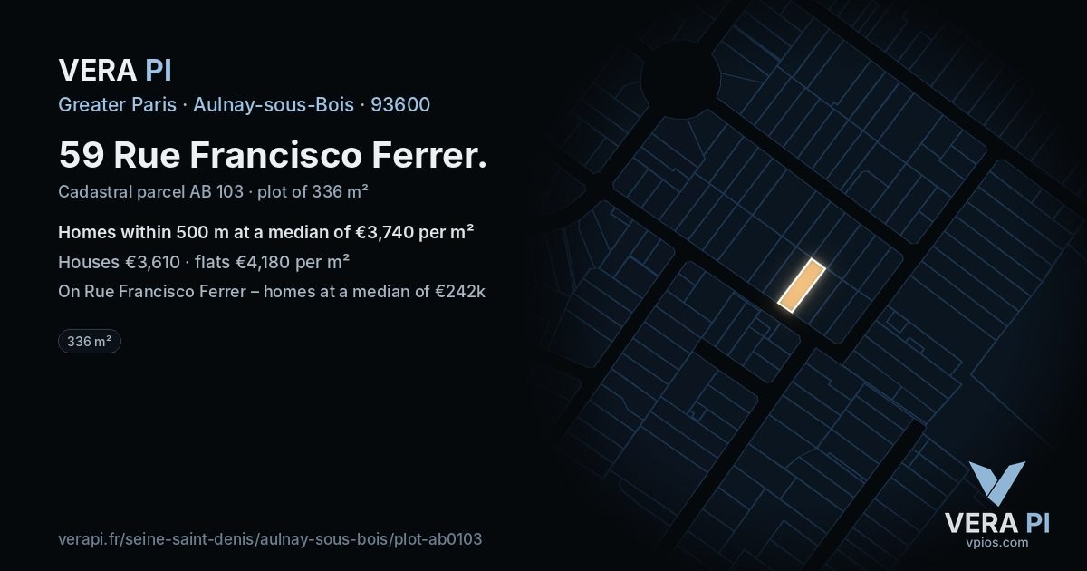 59 Rue Francisco Ferrer, Aulnay-sous-Bois at night – the plot lit, the parcels around coloured by the prices near them