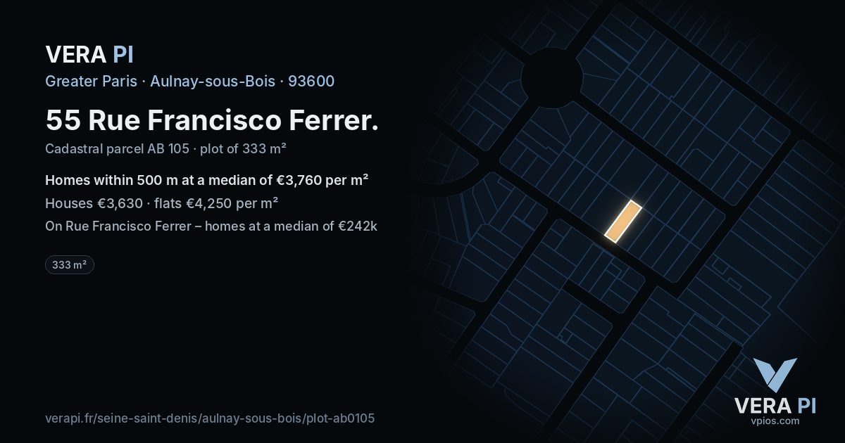 55 Rue Francisco Ferrer, Aulnay-sous-Bois at night – the plot lit, the parcels around coloured by the prices near them