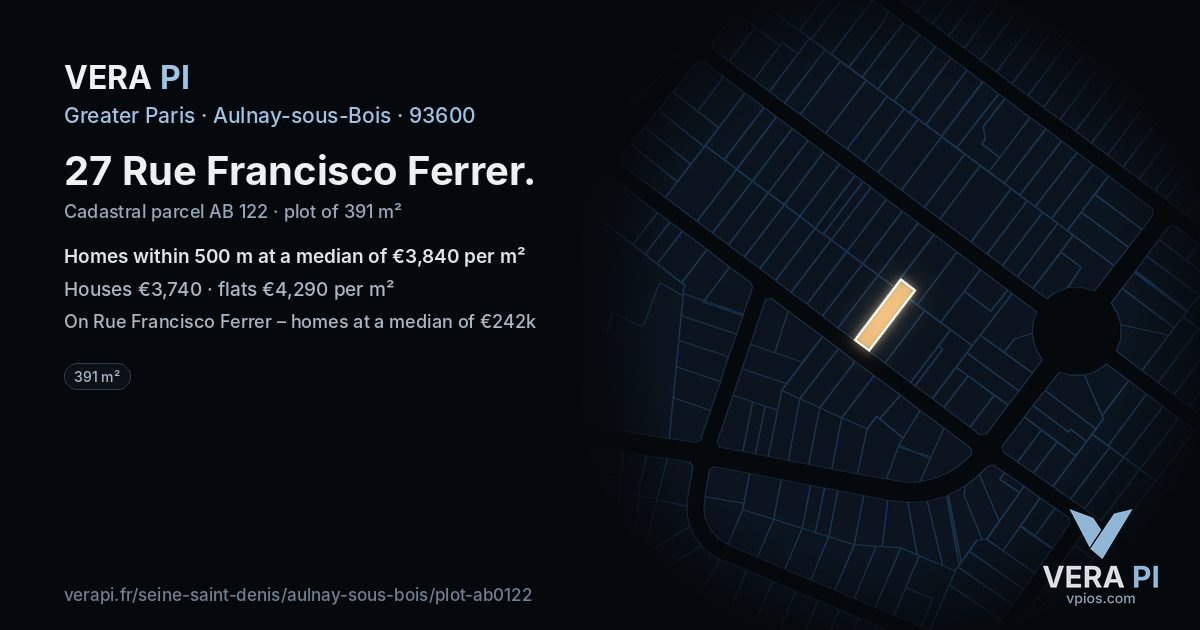 27 Rue Francisco Ferrer, Aulnay-sous-Bois at night – the plot lit, the parcels around coloured by the prices near them