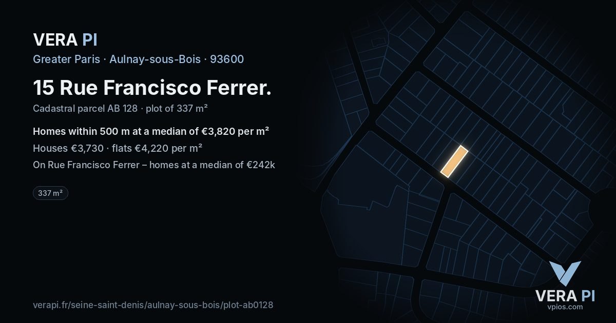 15 Rue Francisco Ferrer, Aulnay-sous-Bois at night – the plot lit, the parcels around coloured by the prices near them