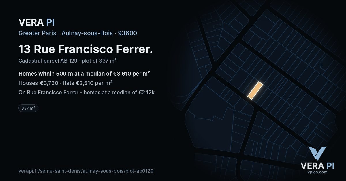 13 Rue Francisco Ferrer, Aulnay-sous-Bois at night – the plot lit, the parcels around coloured by the prices near them