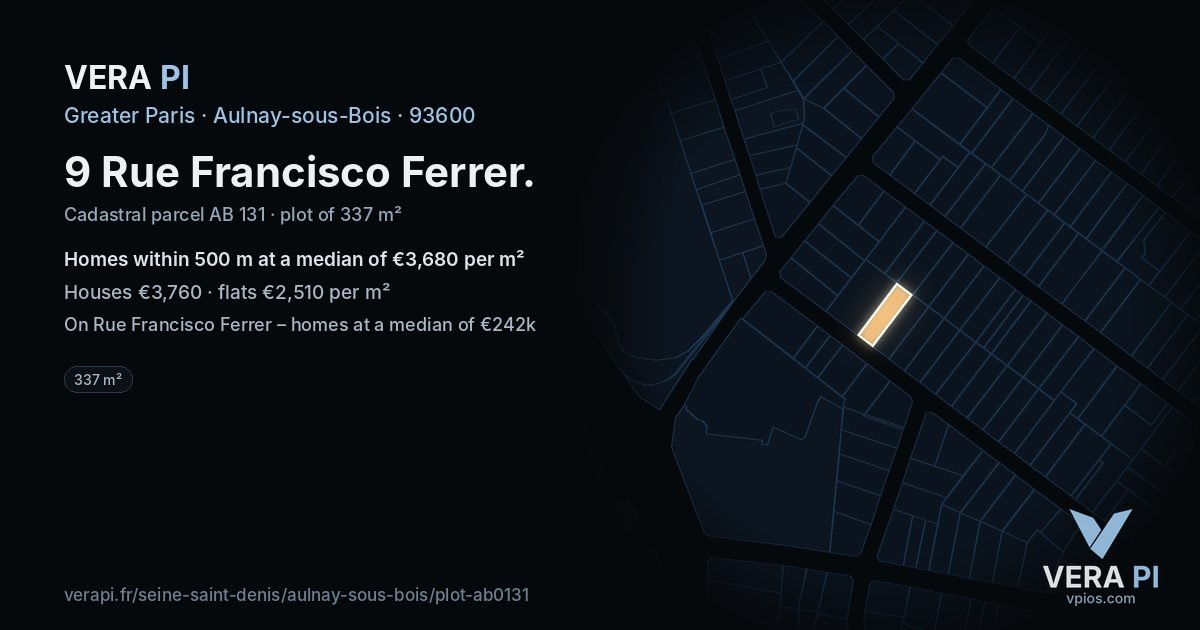 9 Rue Francisco Ferrer, Aulnay-sous-Bois at night – the plot lit, the parcels around coloured by the prices near them