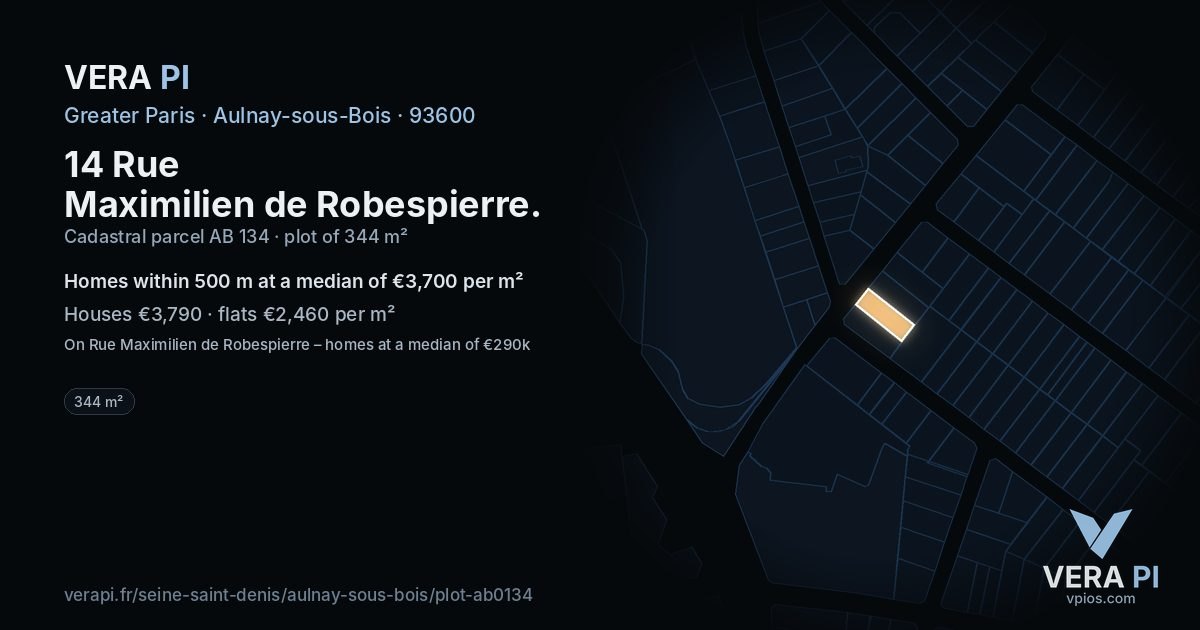 14 Rue Maximilien de Robespierre, Aulnay-sous-Bois at night – the plot lit, the parcels around coloured by the prices near them