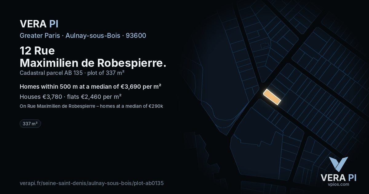 12 Rue Maximilien de Robespierre, Aulnay-sous-Bois at night – the plot lit, the parcels around coloured by the prices near them