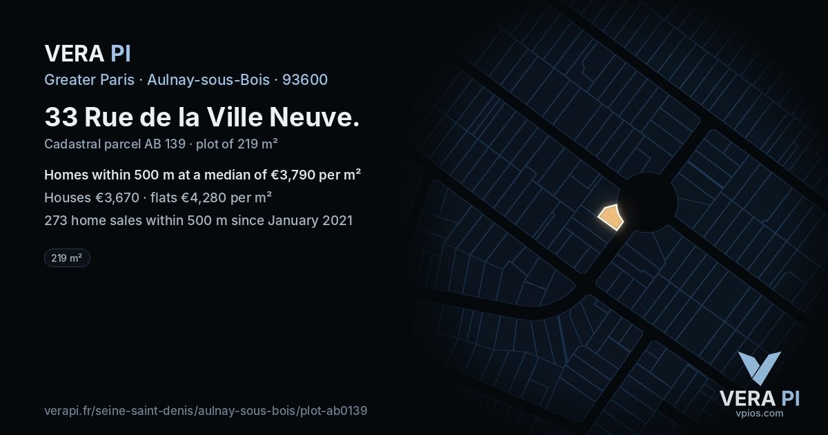 33 Rue de la Ville Neuve, Aulnay-sous-Bois at night – the plot lit, the parcels around coloured by the prices near them