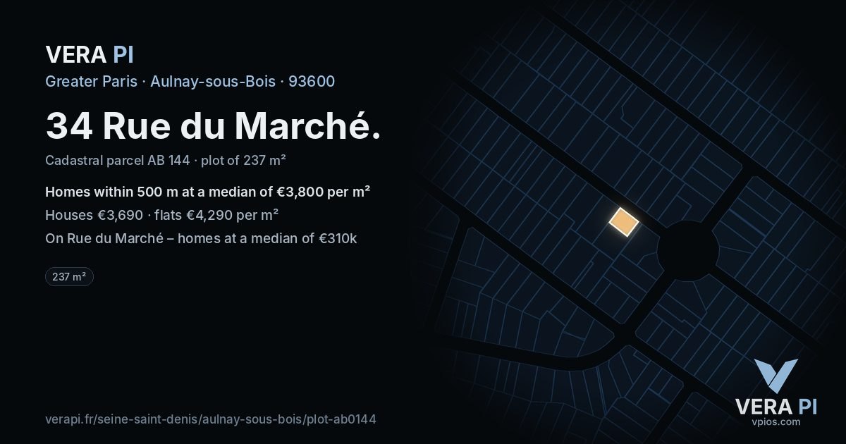 34 Rue du Marché, Aulnay-sous-Bois at night – the plot lit, the parcels around coloured by the prices near them