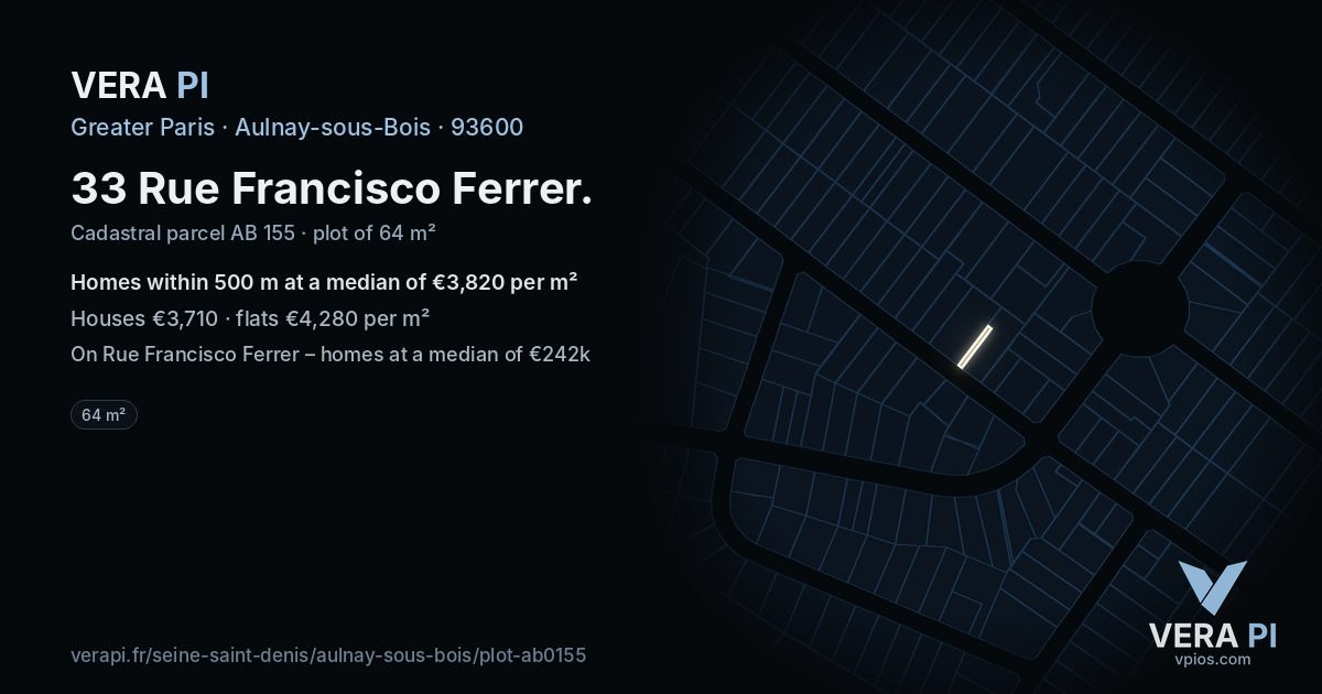 33 Rue Francisco Ferrer, Aulnay-sous-Bois at night – the plot lit, the parcels around coloured by the prices near them
