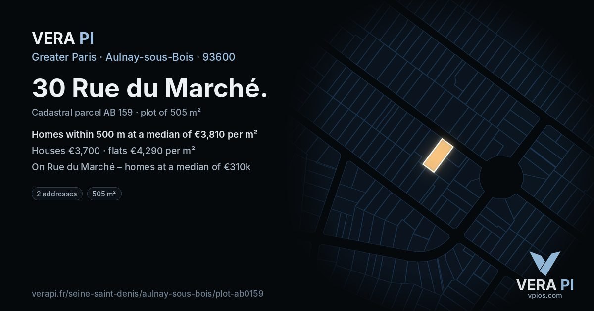 30 Rue du Marché, Aulnay-sous-Bois at night – the plot lit, the parcels around coloured by the prices near them