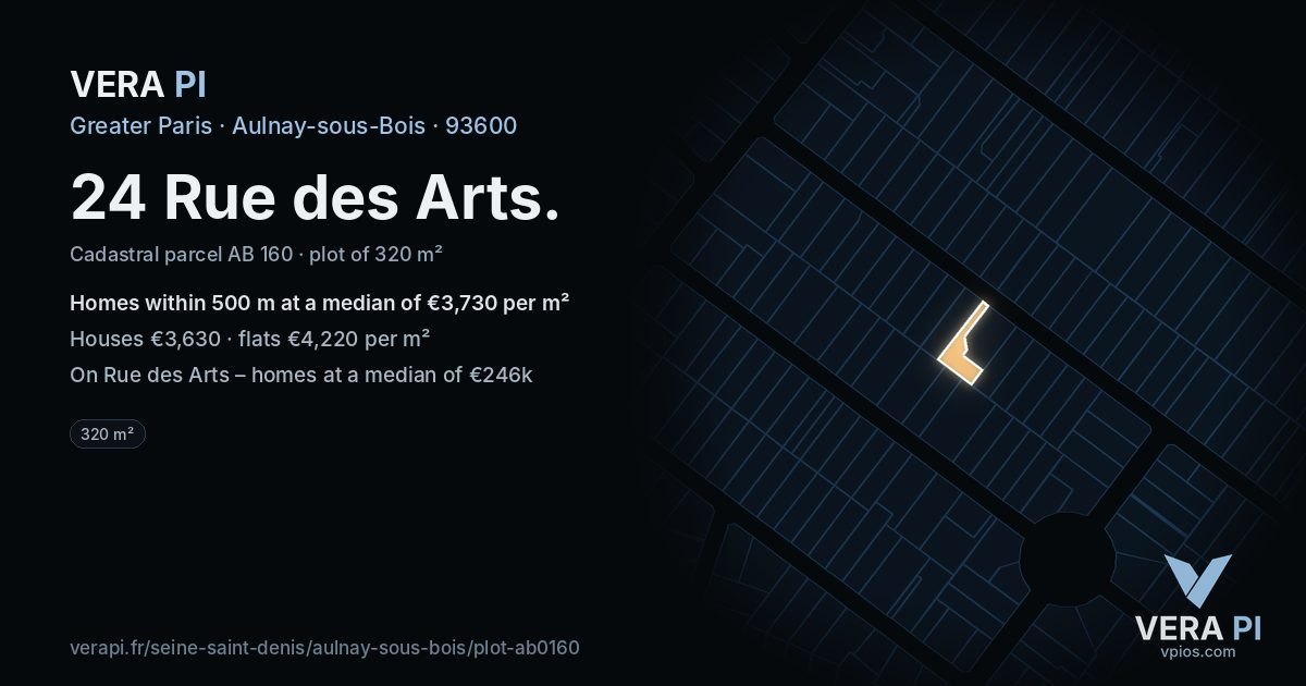 24 Rue des Arts, Aulnay-sous-Bois at night – the plot lit, the parcels around coloured by the prices near them