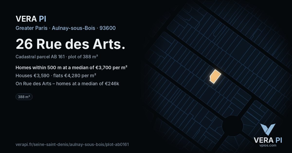 26 Rue des Arts, Aulnay-sous-Bois at night – the plot lit, the parcels around coloured by the prices near them