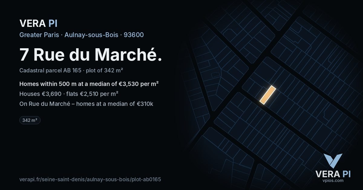 7 Rue du Marché, Aulnay-sous-Bois at night – the plot lit, the parcels around coloured by the prices near them