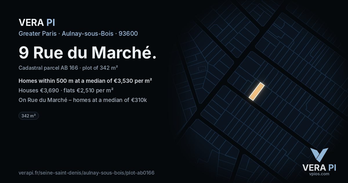 9 Rue du Marché, Aulnay-sous-Bois at night – the plot lit, the parcels around coloured by the prices near them