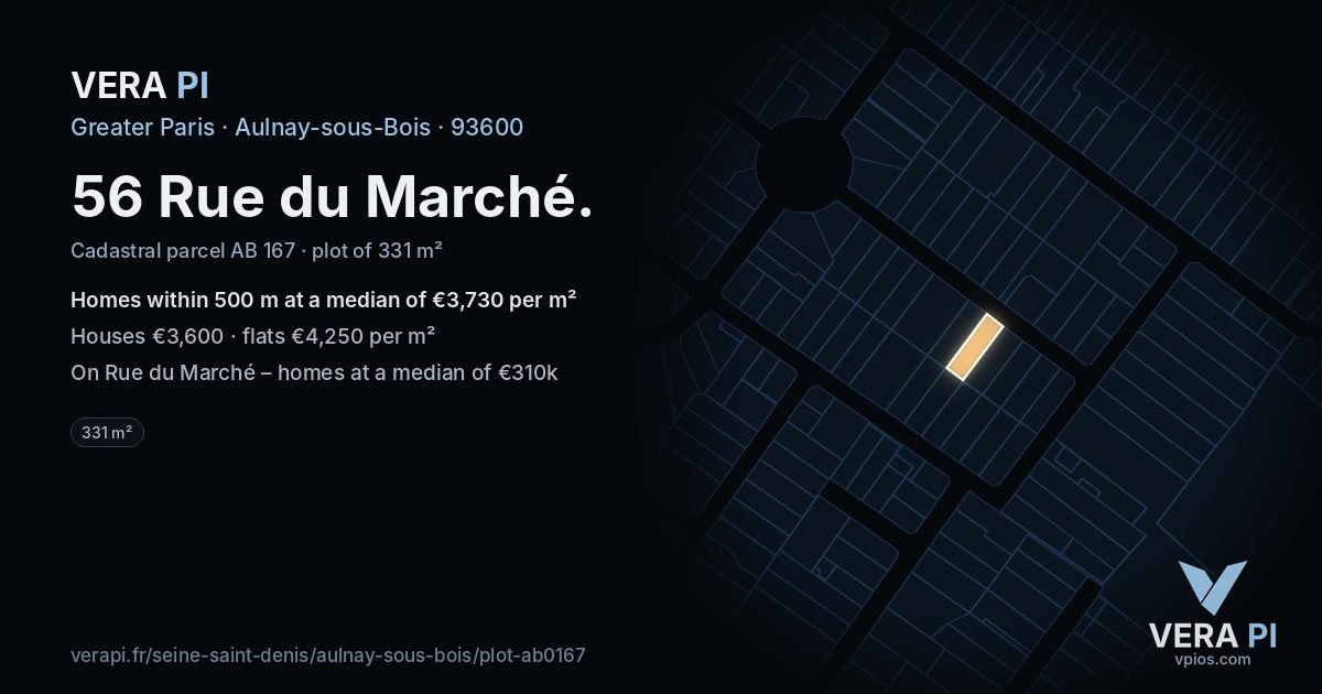 56 Rue du Marché, Aulnay-sous-Bois at night – the plot lit, the parcels around coloured by the prices near them