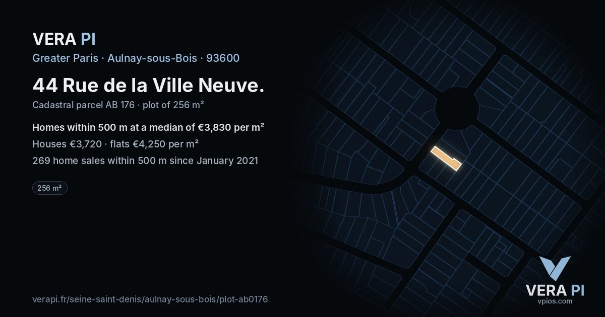 44 Rue de la Ville Neuve, Aulnay-sous-Bois at night – the plot lit, the parcels around coloured by the prices near them