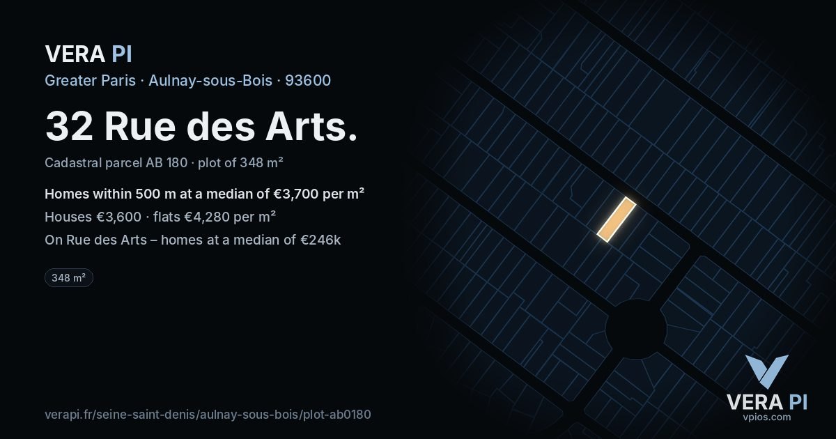 32 Rue des Arts, Aulnay-sous-Bois at night – the plot lit, the parcels around coloured by the prices near them