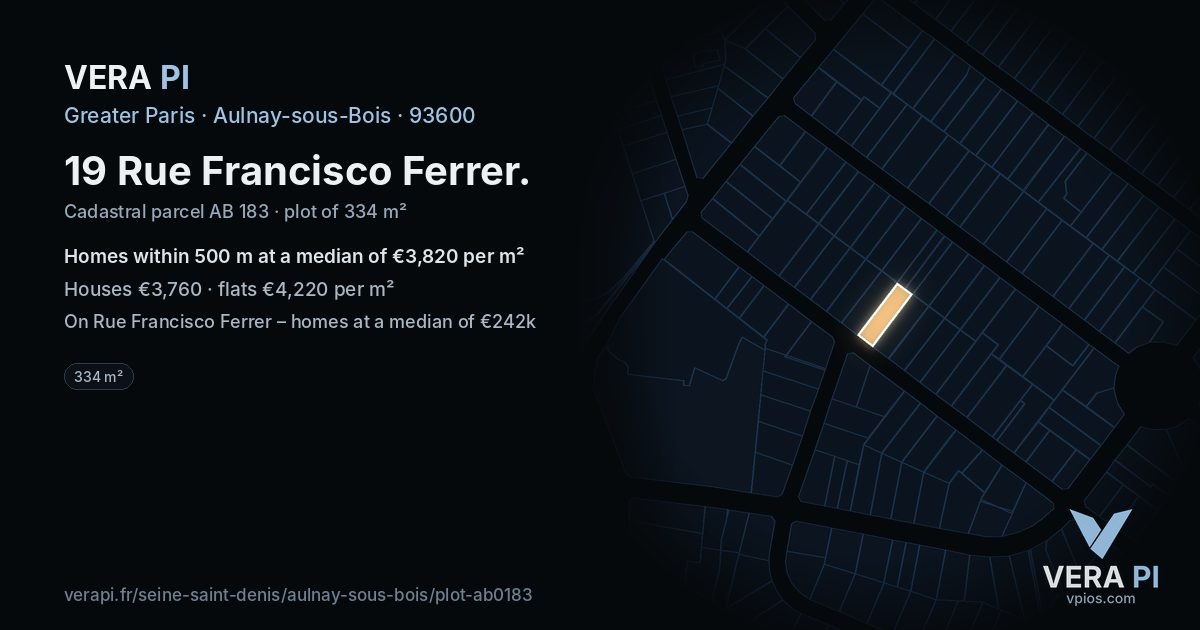 19 Rue Francisco Ferrer, Aulnay-sous-Bois at night – the plot lit, the parcels around coloured by the prices near them