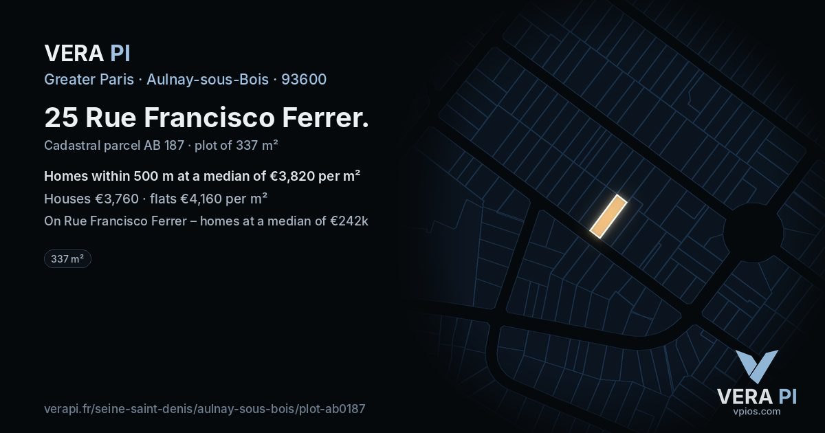 25 Rue Francisco Ferrer, Aulnay-sous-Bois at night – the plot lit, the parcels around coloured by the prices near them