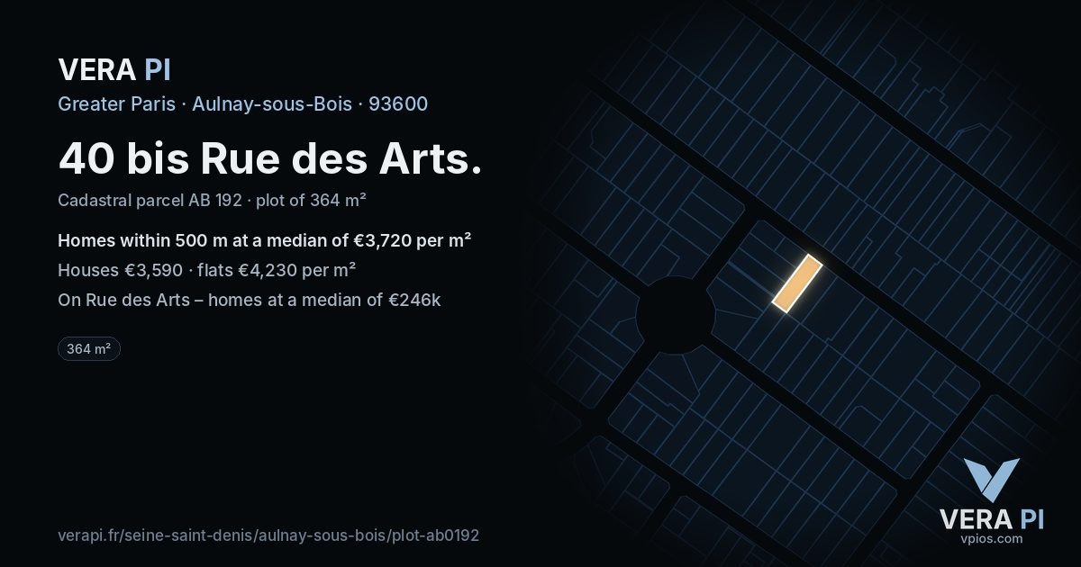 40 bis Rue des Arts, Aulnay-sous-Bois at night – the plot lit, the parcels around coloured by the prices near them