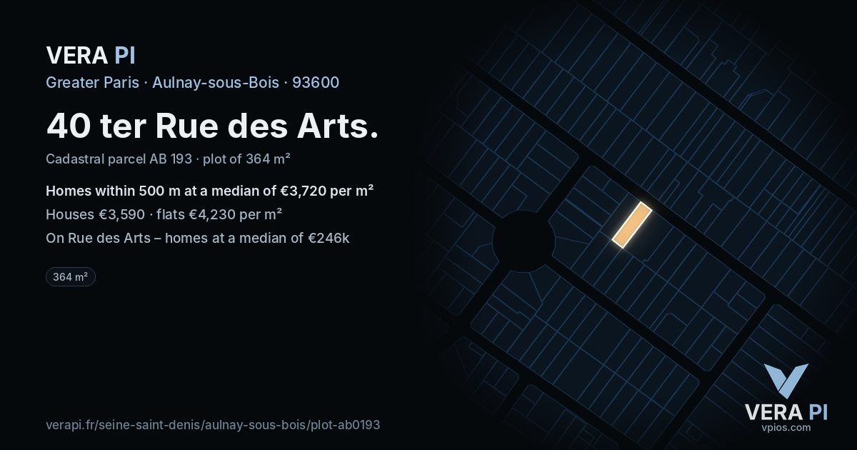 40 ter Rue des Arts, Aulnay-sous-Bois at night – the plot lit, the parcels around coloured by the prices near them