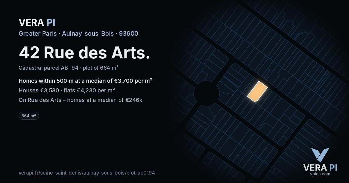 42 Rue des Arts, Aulnay-sous-Bois at night – the plot lit, the parcels around coloured by the prices near them