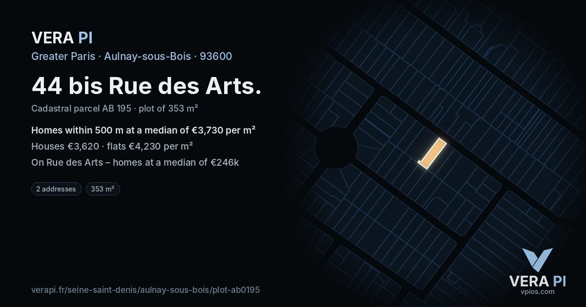44 bis Rue des Arts, Aulnay-sous-Bois at night – the plot lit, the parcels around coloured by the prices near them