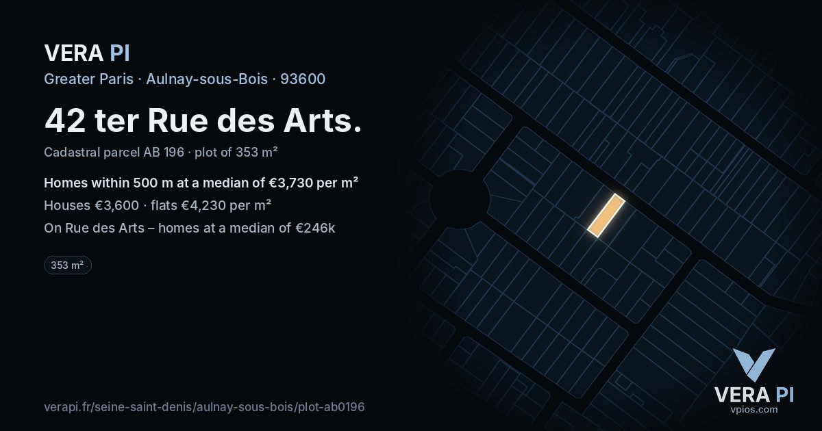 42 ter Rue des Arts, Aulnay-sous-Bois at night – the plot lit, the parcels around coloured by the prices near them