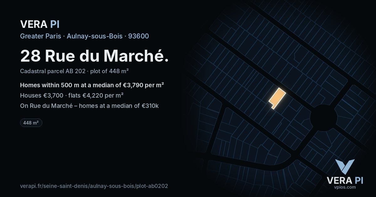 28 Rue du Marché, Aulnay-sous-Bois at night – the plot lit, the parcels around coloured by the prices near them