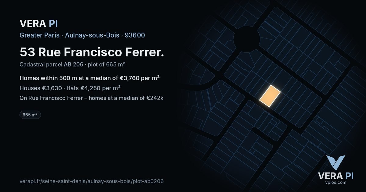 53 Rue Francisco Ferrer, Aulnay-sous-Bois at night – the plot lit, the parcels around coloured by the prices near them