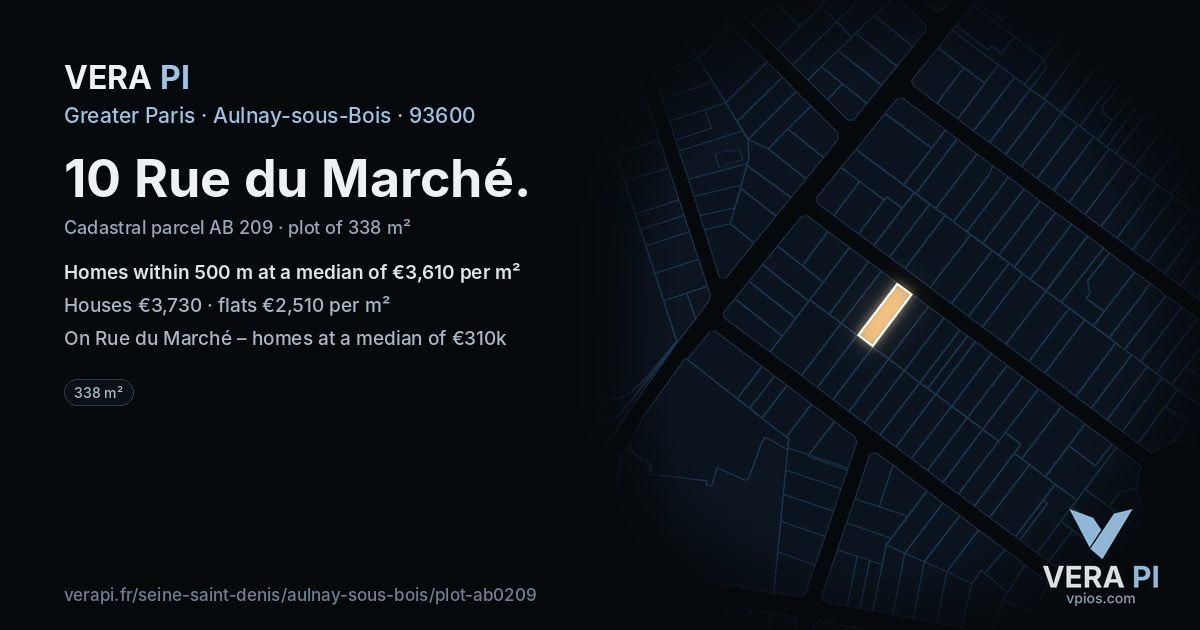 10 Rue du Marché, Aulnay-sous-Bois at night – the plot lit, the parcels around coloured by the prices near them