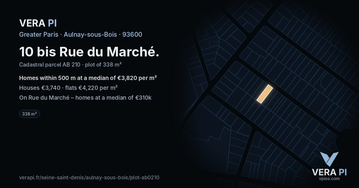 10 bis Rue du Marché, Aulnay-sous-Bois at night – the plot lit, the parcels around coloured by the prices near them