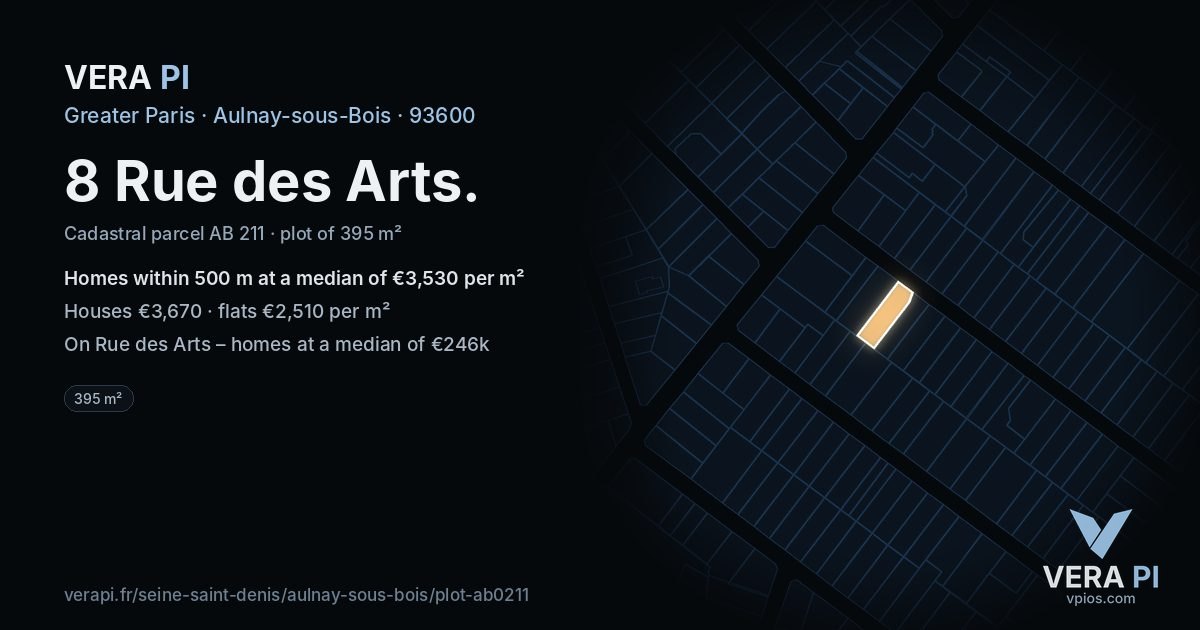 8 Rue des Arts, Aulnay-sous-Bois at night – the plot lit, the parcels around coloured by the prices near them