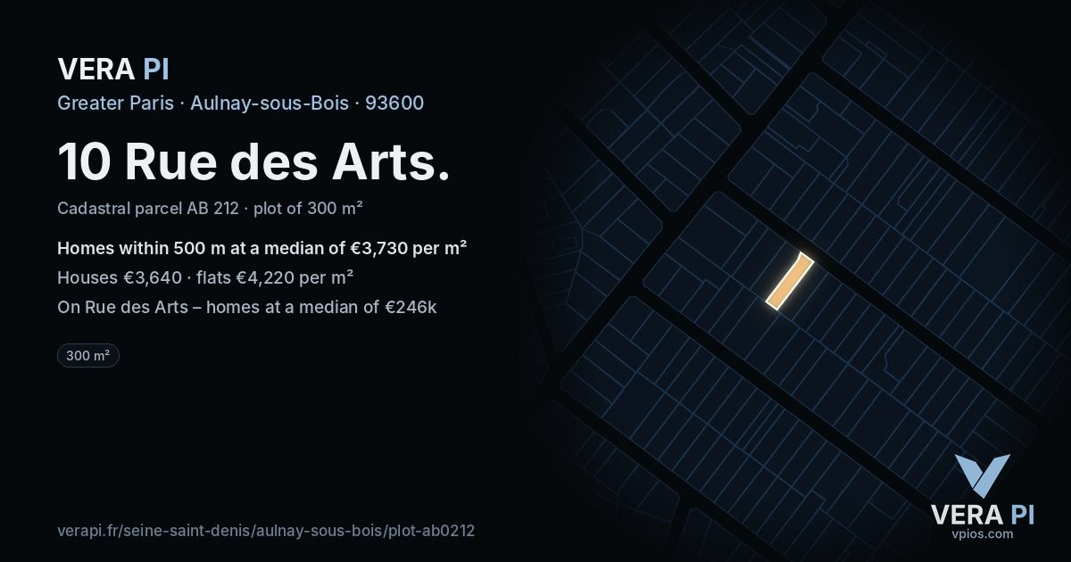 10 Rue des Arts, Aulnay-sous-Bois at night – the plot lit, the parcels around coloured by the prices near them