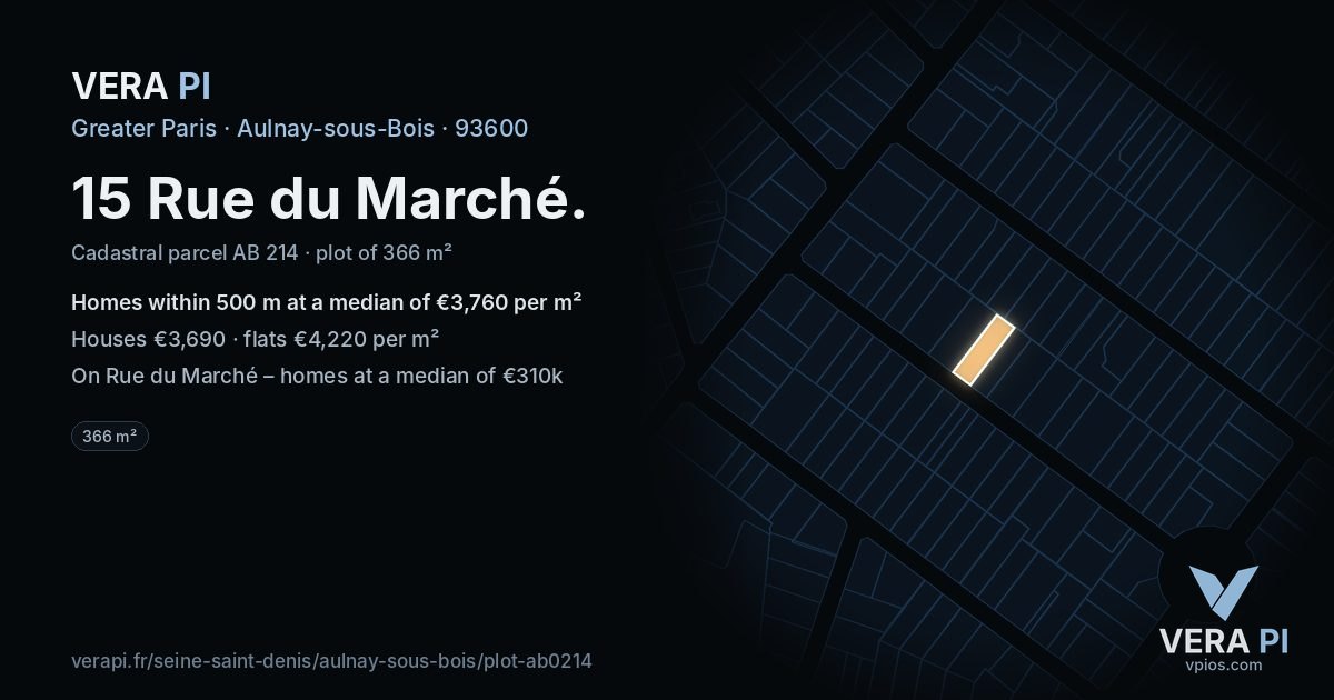 15 Rue du Marché, Aulnay-sous-Bois at night – the plot lit, the parcels around coloured by the prices near them