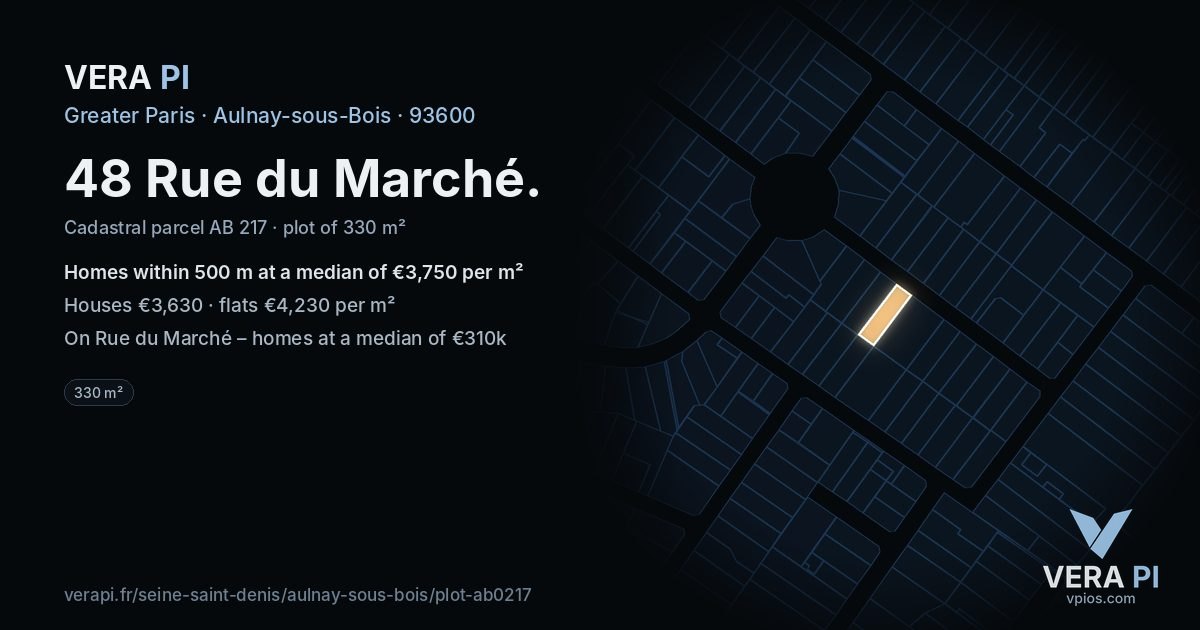 48 Rue du Marché, Aulnay-sous-Bois at night – the plot lit, the parcels around coloured by the prices near them