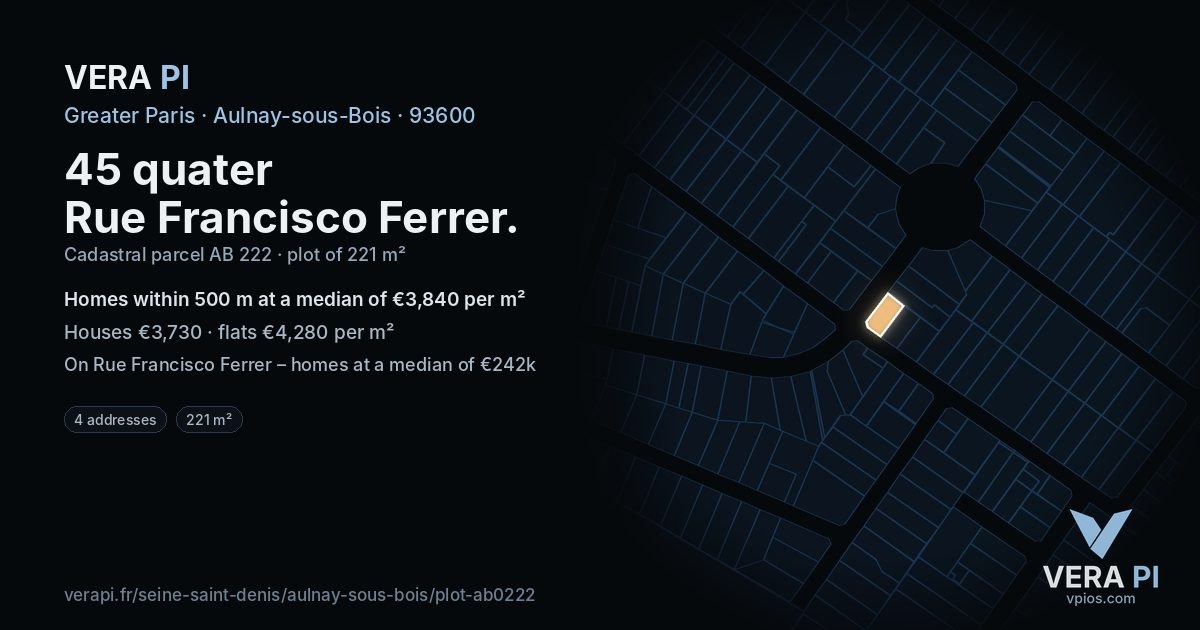 45 quater Rue Francisco Ferrer, Aulnay-sous-Bois at night – the plot lit, the parcels around coloured by the prices near them