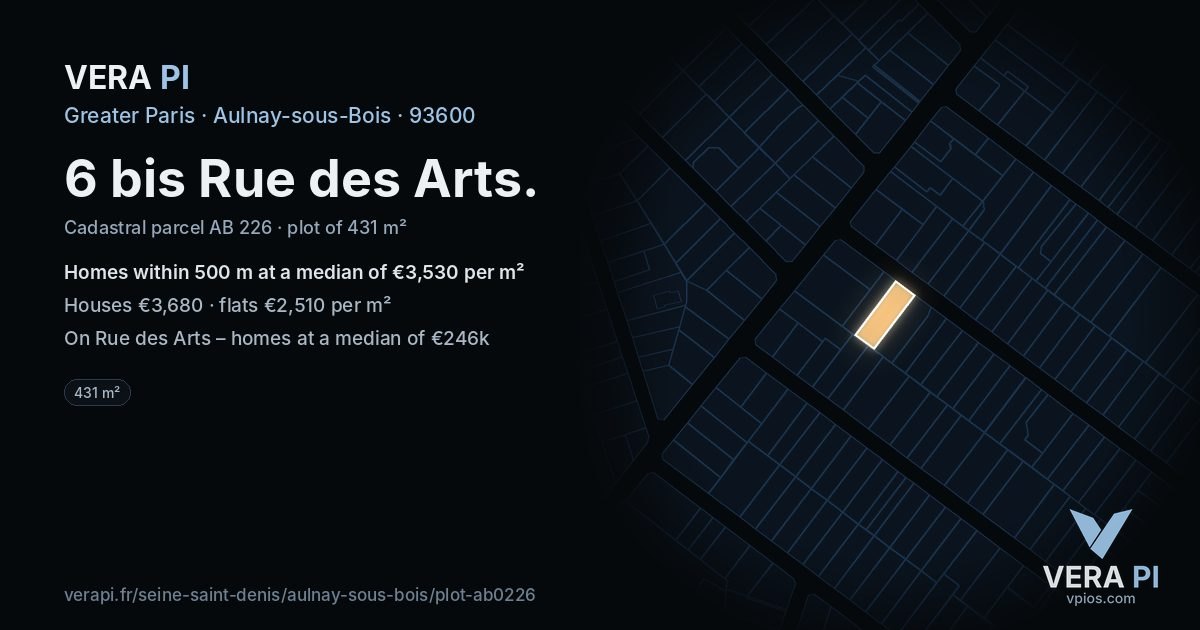 6 bis Rue des Arts, Aulnay-sous-Bois at night – the plot lit, the parcels around coloured by the prices near them