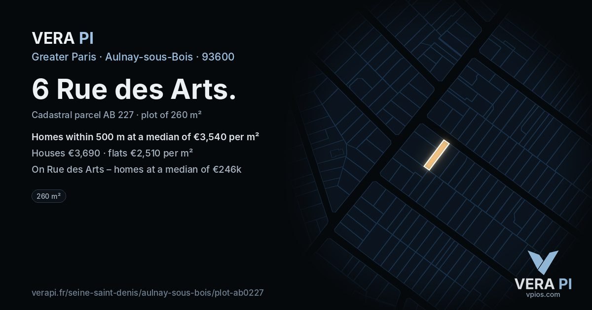 6 Rue des Arts, Aulnay-sous-Bois at night – the plot lit, the parcels around coloured by the prices near them