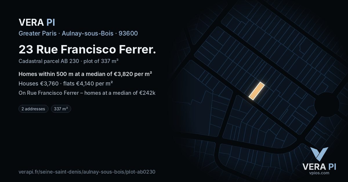 23 Rue Francisco Ferrer, Aulnay-sous-Bois at night – the plot lit, the parcels around coloured by the prices near them