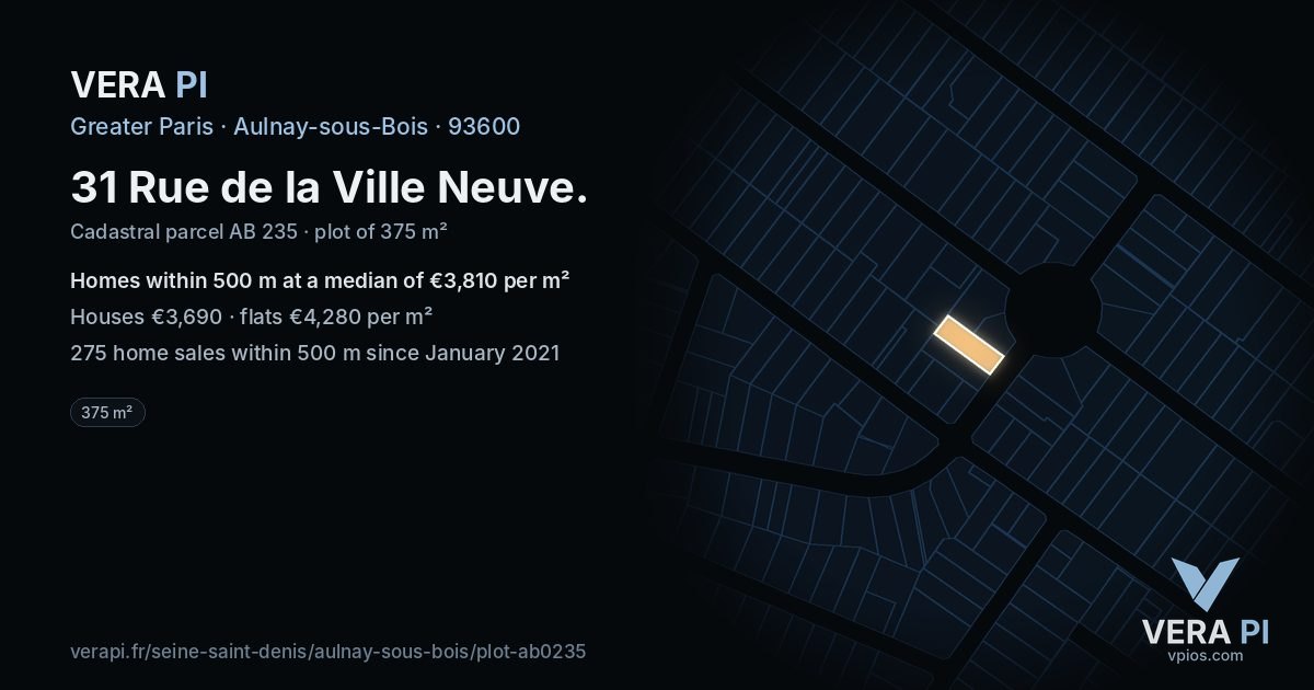 31 Rue de la Ville Neuve, Aulnay-sous-Bois at night – the plot lit, the parcels around coloured by the prices near them