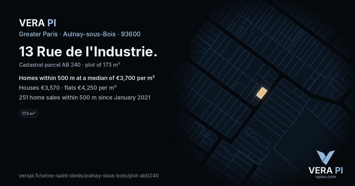 13 Rue de l'Industrie, Aulnay-sous-Bois at night – the plot lit, the parcels around coloured by the prices near them