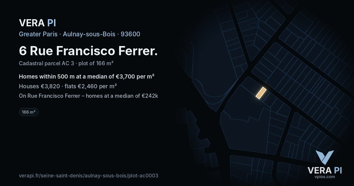 6 Rue Francisco Ferrer, Aulnay-sous-Bois at night – the plot lit, the parcels around coloured by the prices near them