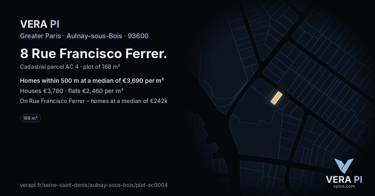 8 Rue Francisco Ferrer, Aulnay-sous-Bois at night – the plot lit, the parcels around coloured by the prices near them