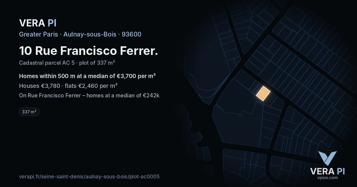 10 Rue Francisco Ferrer, Aulnay-sous-Bois at night – the plot lit, the parcels around coloured by the prices near them