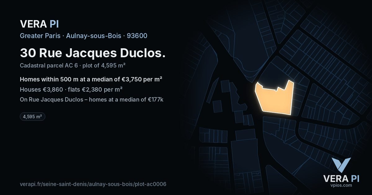 30 Rue Jacques Duclos, Aulnay-sous-Bois at night – the plot lit, the parcels around coloured by the prices near them