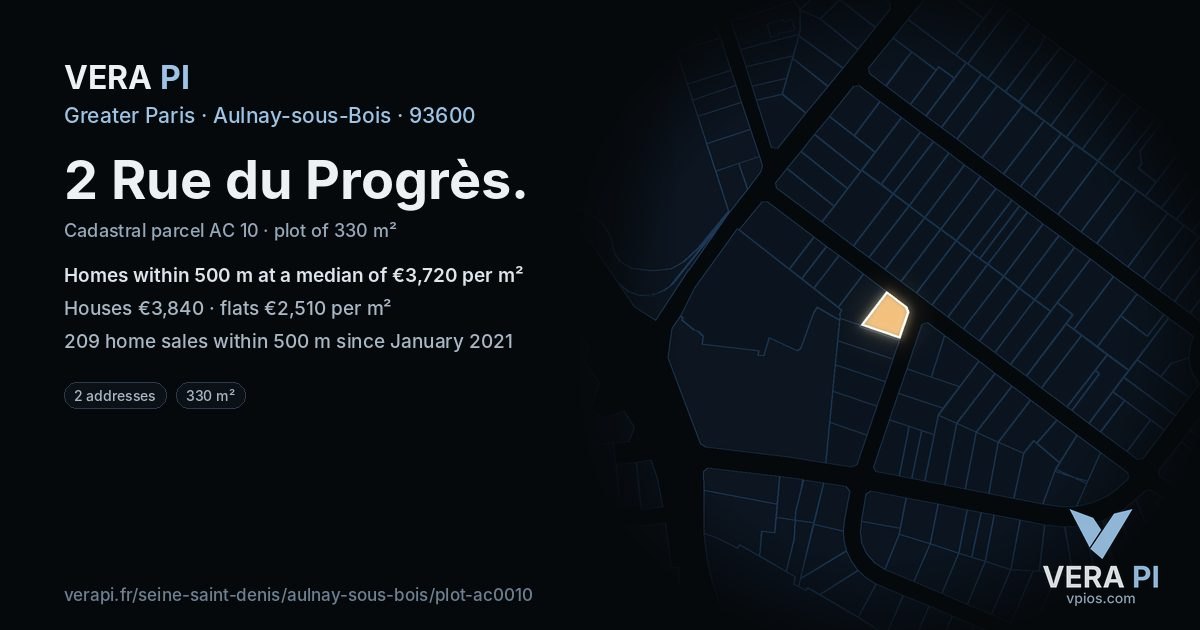 2 Rue du Progrès, Aulnay-sous-Bois at night – the plot lit, the parcels around coloured by the prices near them