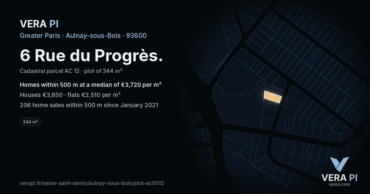 6 Rue du Progrès, Aulnay-sous-Bois at night – the plot lit, the parcels around coloured by the prices near them